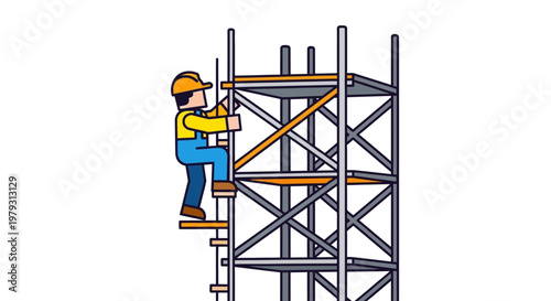 Vibrant vector illustration of a dedicated construction worker in safety gear diligently climbing scaffolding on a building site, symbolizing progress and manual labor