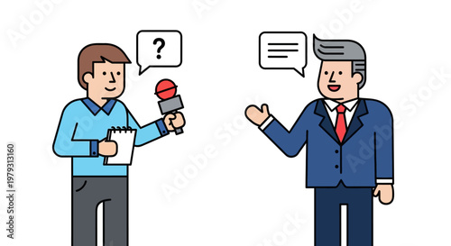 Professional journalist conducting an important interview with a businessman or public figure, symbolizing modern media communication, news reporting, and public relations. Business interview concept
