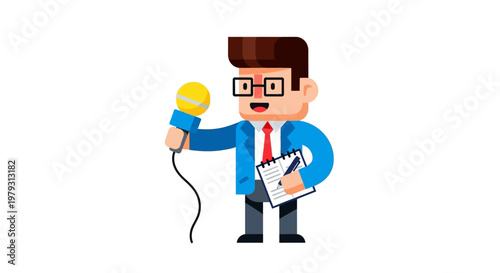 Reporter Holding Microphone and Notepad, Ready to Interview on a White Background