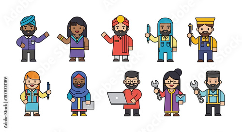 Diverse set of cartoon people representing different professions and cultures with unique outfits and accessories, illustrating a multicultural workforce and variety of occupations