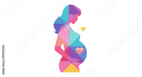 Vibrant geometric silhouette of a pregnant woman, abstractly depicting the journey of motherhood, new life, and the profound love within a growing family