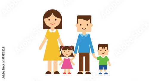 Vibrant flat vector illustration of a happy family, showing a mother, father, and two cheerful children holding hands, symbolizing love, togetherness, and unity