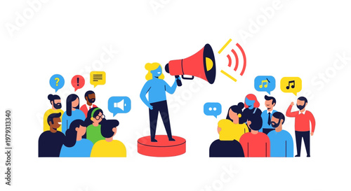 Powerful public speaker engaging a diverse audience with a megaphone, symbolizing effective communication, advocacy, and community discussion for shared understanding and social impact