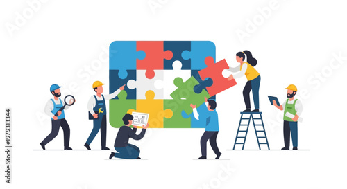 Diverse Team Collaboratively Assembling a Large Jigsaw Puzzle to Symbolize Business Strategy, Problem-Solving, and Achieving Unified Success
