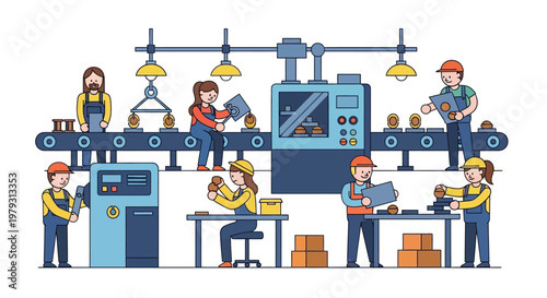 Factory production line with diverse workers assembling products and managing machinery, illustrating modern manufacturing processes and industrial teamwork