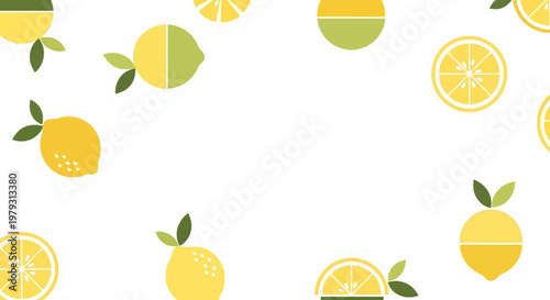 Vibrant and refreshing flat design concept featuring a playful pattern of stylized lemons and limes scattered over a clean white background, ideal for contemporary visual projects