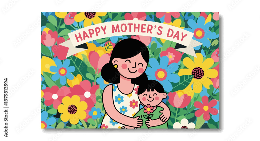 Fototapeta premium Happy Mother's Day illustration featuring a mother and child surrounded by vibrant flowers, celebrating family love and appreciation