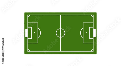 Top-down view of a vibrant green soccer field illustration, a classic football pitch design, ready for an exciting match, perfect for sports event graphics and game concepts