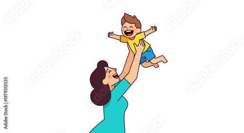 Joyful mother tossing her happy young son in the air, celebrating family love and playful moments together outdoors in a bright, sunny day