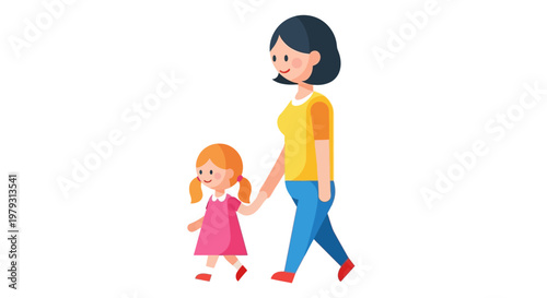 Woman and little girl holding hands walking together in a loving and caring gesture, representing family, childhood, and nurturing relationships