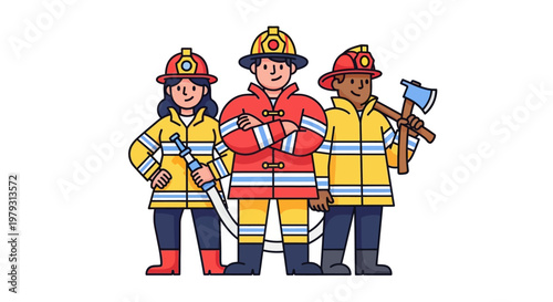 A diverse group of firefighters in uniform, standing together with their equipment, ready to serve and protect their community from danger