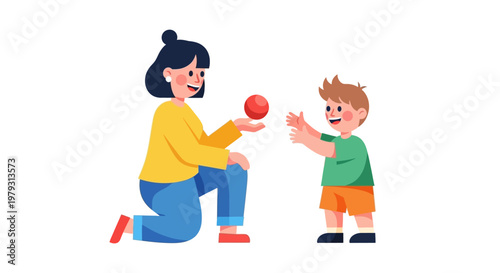 A mother playing with her son, tossing a red ball back and forth, illustrating a moment of joyful connection and active engagement in a playful outdoor setting