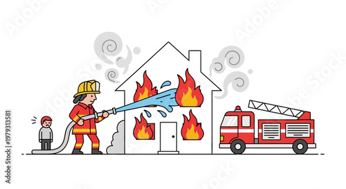 Firefighter heroically battling a blazing house fire with a child watching safely