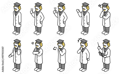 アイソメトリックイラスト：色々なポーズの博士