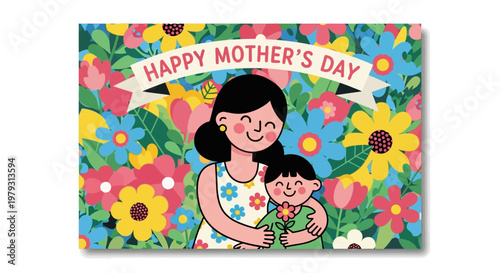 Happy Mother's Day illustration featuring a mother and child surrounded by vibrant flowers, celebrating family love and appreciation