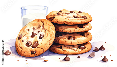 Chocolate Chip Cookies and Milk Watercolor Painting