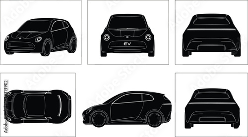 Electric vehicle icons, compact car, hatchback design, EV outline, automotive silhouette, front view, rear view, side profile, top down, eco transport