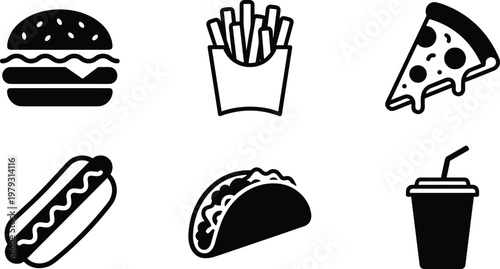 Fast food silhouettes, hamburger icon, French fries vector, pizza slice illustration, hot dog design, taco graphic art, soft drink symbol