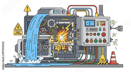 Industrial Machine Breakdown with Water Leakage and Electrical Spark.