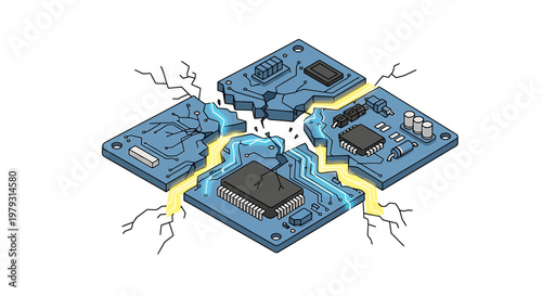 Broken Circuit Board with Lightning Cracks.