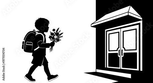 Child silhouette walking with backpack and flowers toward building entrance symbolic vector illustration