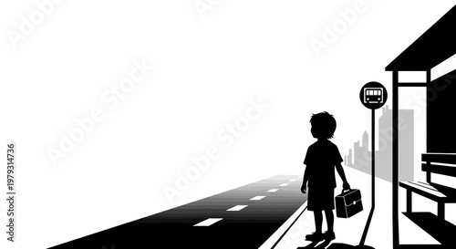 Child silhouette waiting at bus stop for transportation graphic