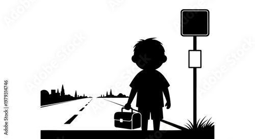Child waiting silhouette school roadside sign
