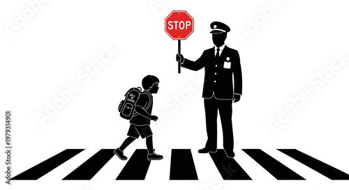 Pedestrian crossing safety illustration child crossing street police officer holding stop sign
