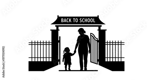 Silhouette of adult and child approaching school gate concept education learning
