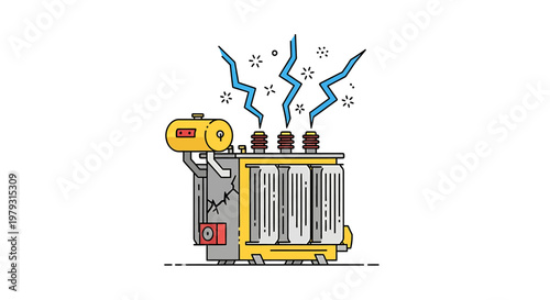 Electrical Transformer with Blue Energy Sparks Illustration.