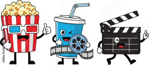 Cartoon popcorn, soda, and clapperboard characters with playful faces, 3D glasses, film reel, and cinema theme vector artwork