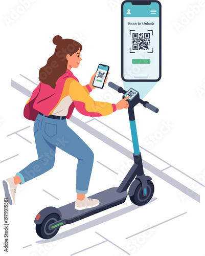 Woman riding electric scooter while scanning QR code on smartphone