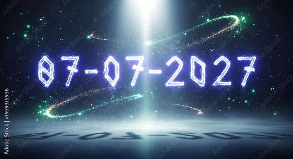 Naklejka premium Futuristic Date Display 07-07-2027 with Neon Glow and Cosmic Particles