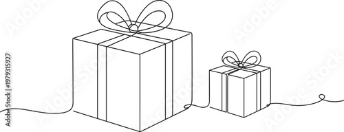 Elegant continuous line art drawing of two gift boxes with ribbons representing celebration surprise holiday presents and minimalist birthday greeting concept.