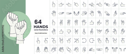 64 Hand Gestures Vector Illustrations Set. Female Hands with Ok, Peace, Thumbs Up, Pointing, Praying Signs. Communication Symbols. Line Art Isolated on White Background
