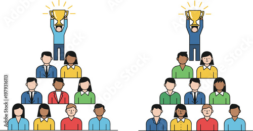 Successful leader holding a gold trophy on top of a human pyramid representing business achievement competition teamwork and corporate hierarchy.