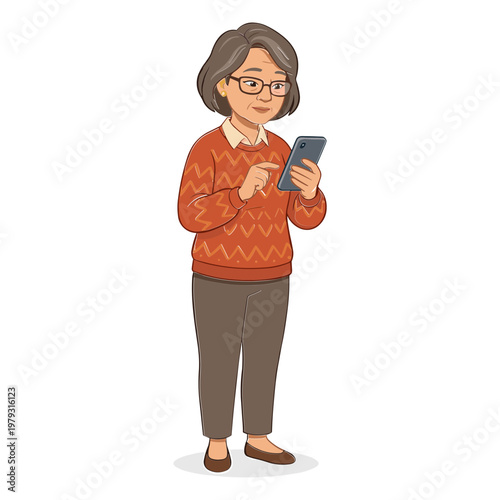 An elderly woman wearing glasses and an orange sweater uses her smartphone.