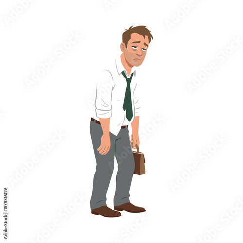 A man in a white shirt and green tie looks down while holding a briefcase.