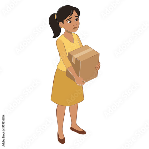 Woman carrying a cardboard box in her arms while standing