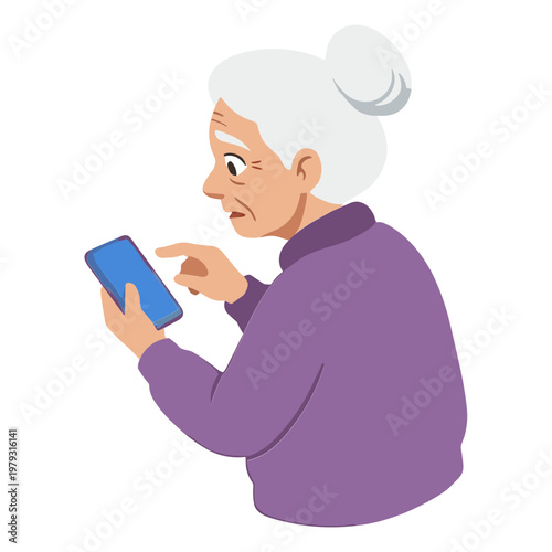 Elderly woman looks surprised while using a smartphone indoors closely.