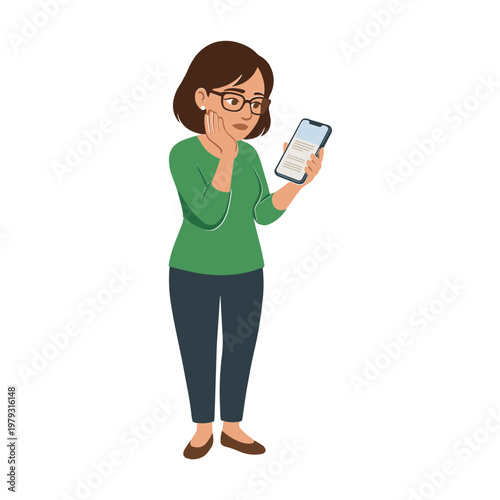 Woman standing indoors looking shocked at her mobile phone screen.