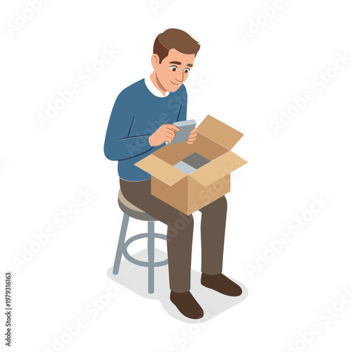 A man sits on a stool opening a cardboard box with a surprised expression
