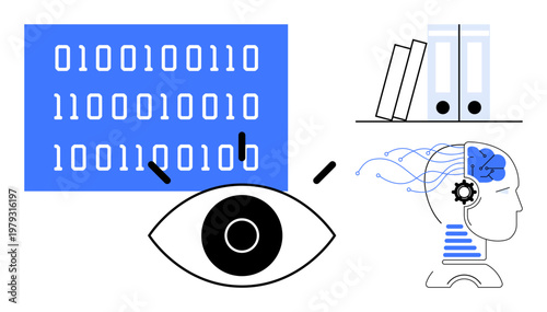 Artificial intelligence, data science, machine learning, digital transformation, knowledge sharing, computing. Binary code, human brain with gears books. Artificial intelligence and data science