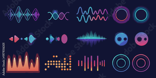 Abstract sound waves and colorful geometric shapes on a dark background