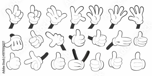 A collection of cartoon white gloves displaying various hand gestures