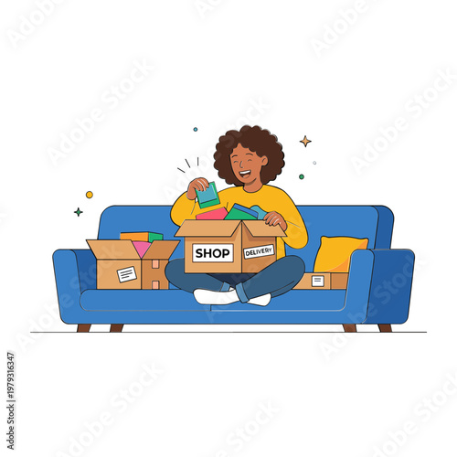 Woman sitting on couch unpacking colorful items from shopping boxes