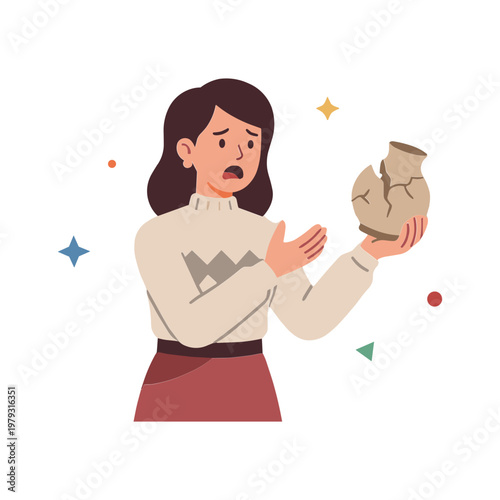 Woman Expresses Shock Holding Broken Vase with Concerned Facial Expression