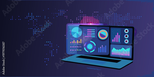 Laptop displaying data analytics and visualizations on a dark background