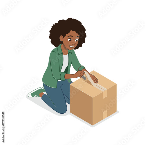 A woman is kneeling while sealing a cardboard box with tape.