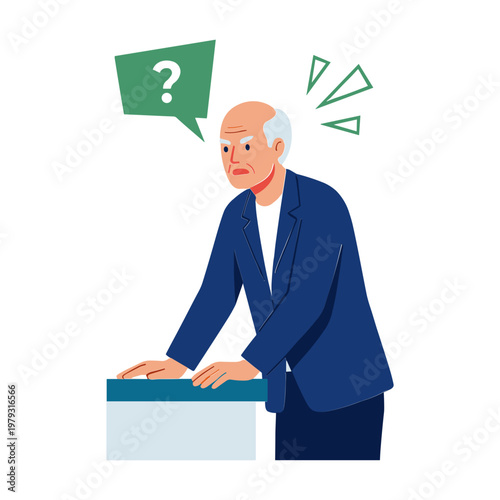 Confused older man in blue suit looking puzzled at a box with question marks